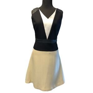 Ann Taylor Day Dress Stretch Poly Blend Black Tan White Dbl V Neck Lined Zipper
